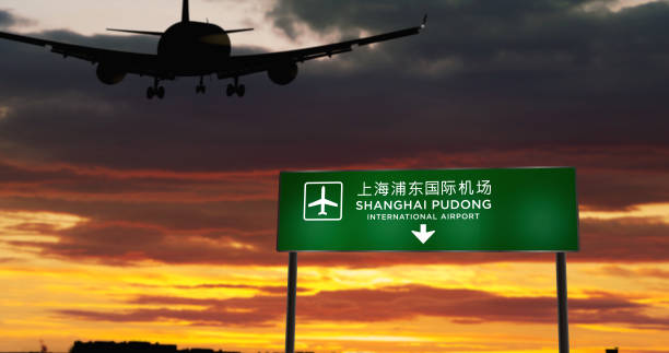 Airplane silhouette landing in Shanghai Pudong, China. City arrival with airport direction signboard and sunset in background. Trip and transportation concept 3d illustration.