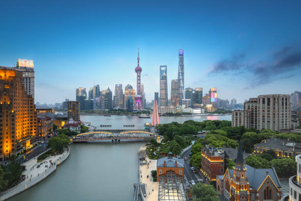 Scenic Dusk Skyline View of Bustling Shanghai City