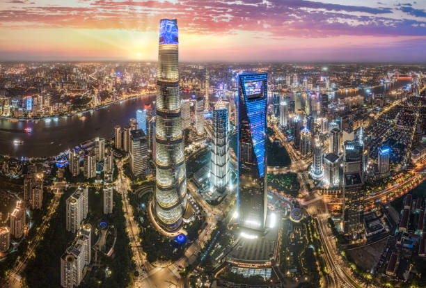 aerial view of shanghai at sunset